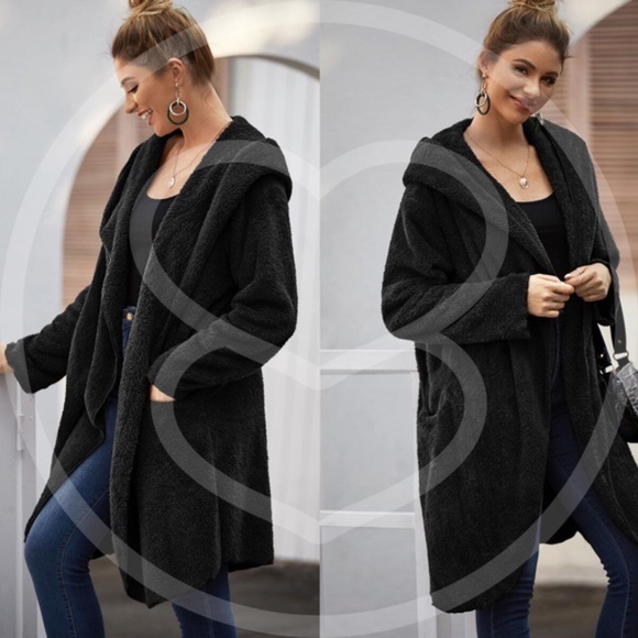 Olive oversized Open Front Hoodie jacket teddy - Picture 2 of 11